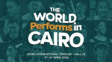 جدارية فنية تضم صور الأبطال.. شعار بطولة العالم للجمباز الفني القاهرة 2026